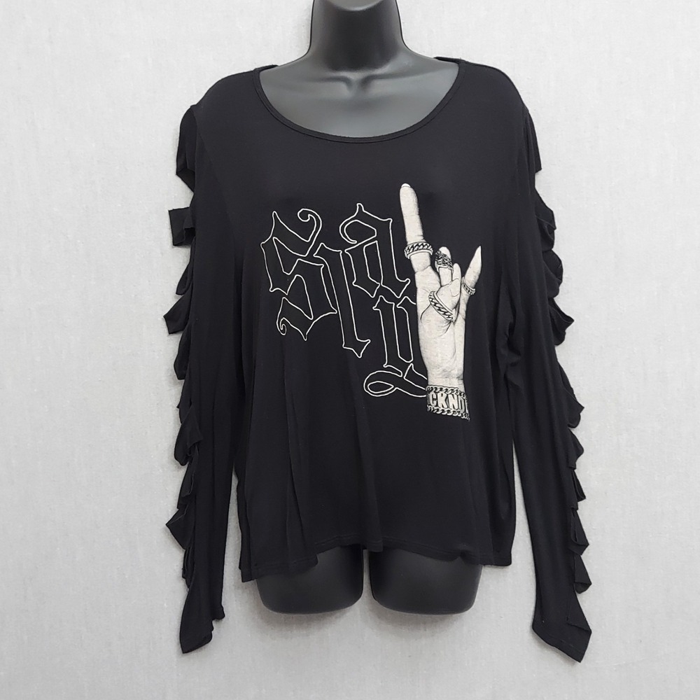 Graphic Emo Shirt Women M Gothic‎ Grunge Punk Rock Band Ladder Sleeve Cutout